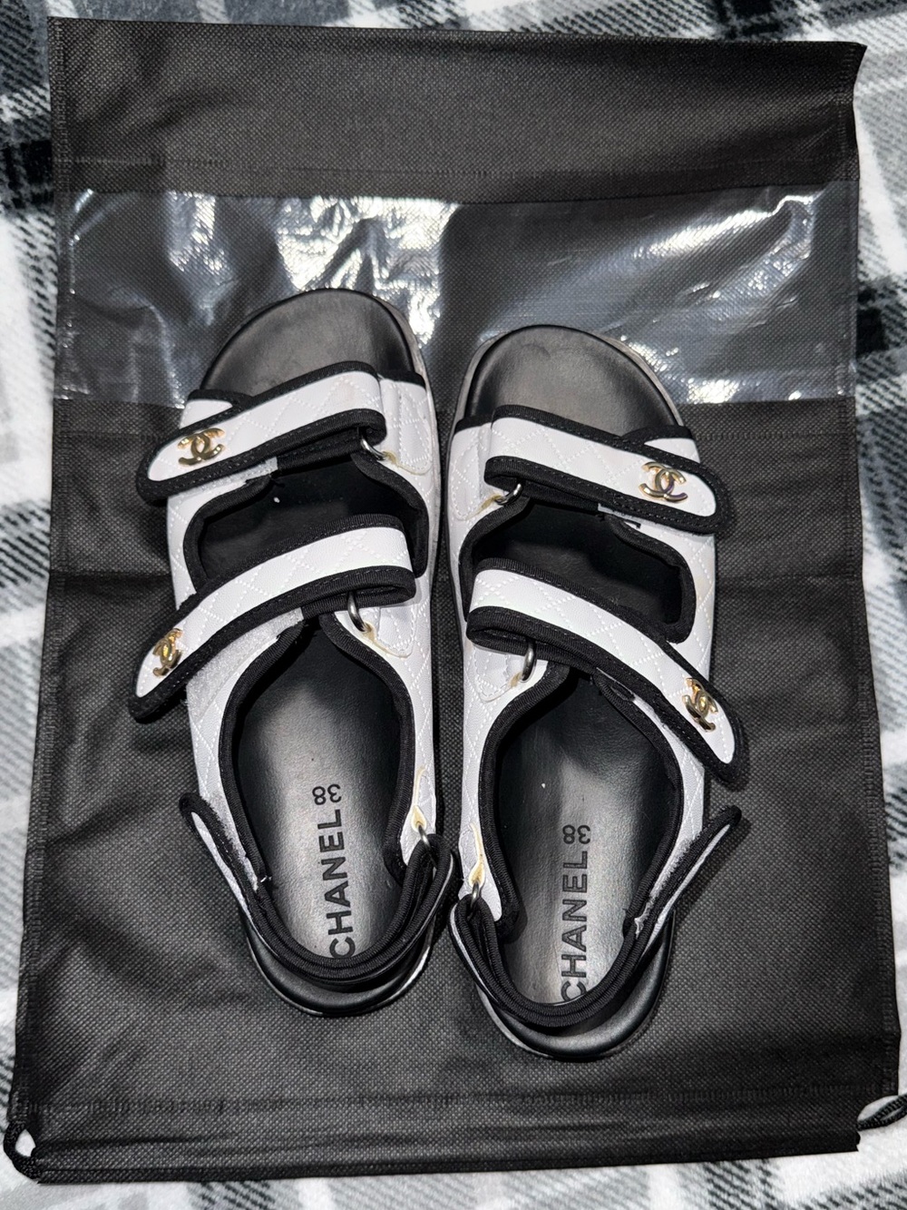 CHANEL Black and White Velcro Strap Sport Sandals with Gold CC